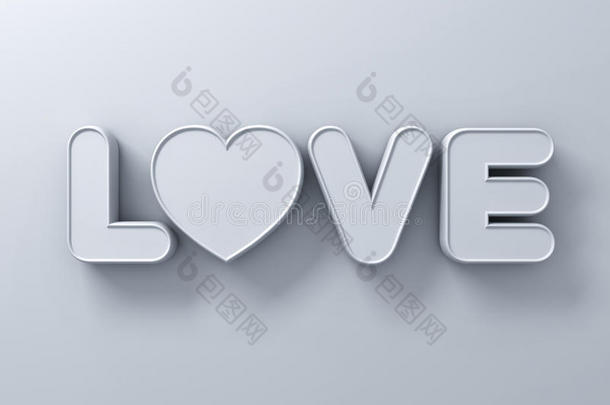 三维爱情词概念与白色的心在白色与阴影，情人节3D