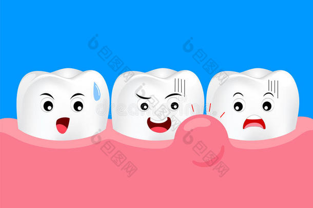 可爱的卡通牙齿人物有<strong>牙龈</strong>问题。