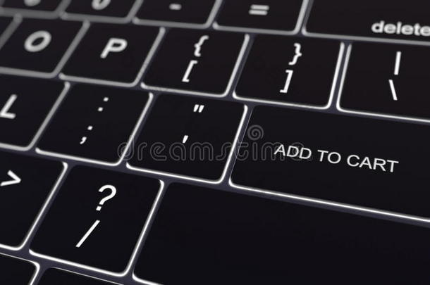 黑色电脑键盘和发光添加到购物车键。 概念三维渲染
