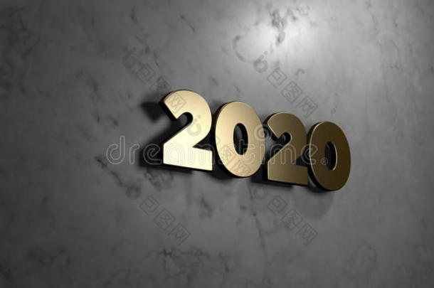 2020年-黄金标志安装在光滑的大理石墙壁-3D提供版税免费股票插图