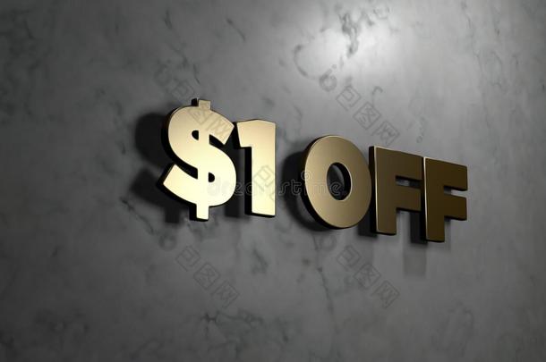 $1个金色标志安装在光滑的大理石墙壁-3D渲染版税免费股票插图