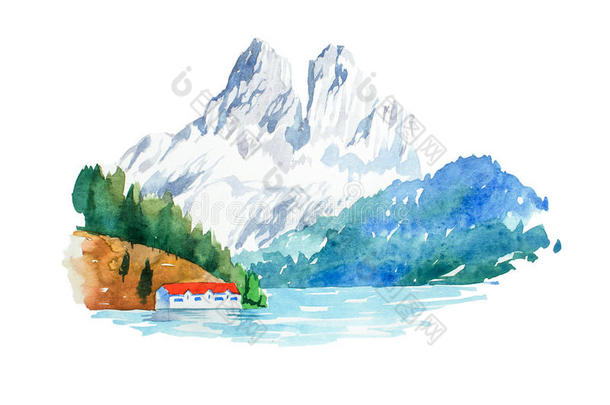 阿尔卑斯山水彩石美丽的建筑营地