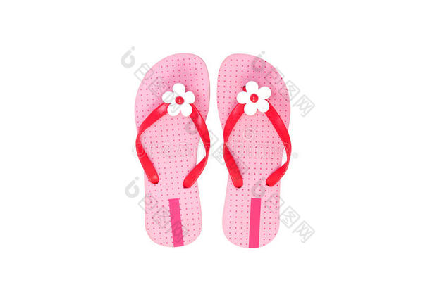 美丽的粉红色<strong>沙滩鞋</strong>隔离在白色背景上。