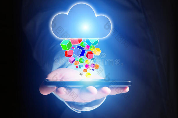 云存储图标的概念飞出智能手机-技术