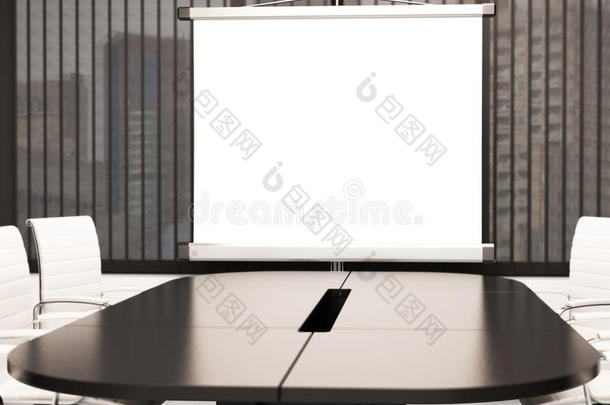 带有空白投影仪<strong>屏</strong>幕的3D现代会议室。 模拟