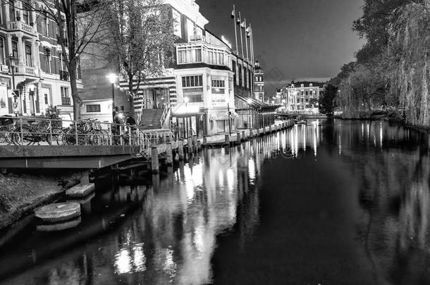 阿姆斯特丹-2013年5月1日：<strong>女王节</strong>夜晚的城市运河。一