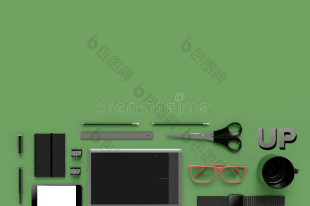 绿色背景下网页设计师的特点。 上面的风景。 平躺。 三维渲染。 高分辨率。