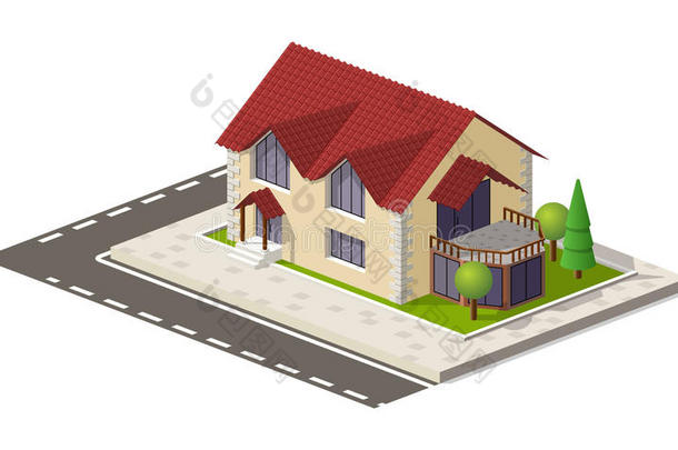 美丽的小等距房子在绿色的地面隔离在白色。 财产、房地产、建筑和租金概念