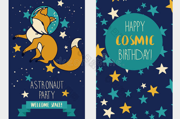 可爱的狐狸宇航员在星空背景，有趣的邀请卡为宇宙生日聚会