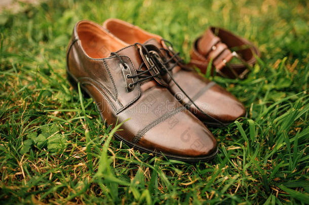 棕色皮革男`绿色草地上带腰带的休闲鞋。 新郎