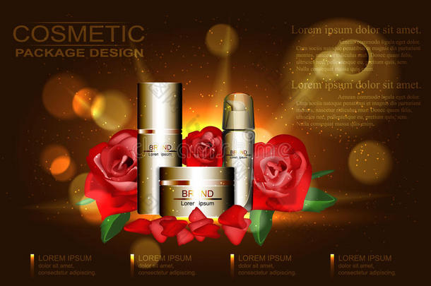 化妆品广告模板，空化妆品布局与红色玫瑰和花瓣的背景。