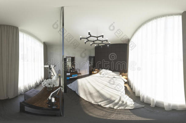 三维插图360度卧室全景
