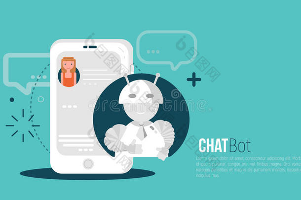聊天机器人的业务概念。 用户女孩与机器人移动应用程序聊天。 平面现代风格的BOT概念。 矢量