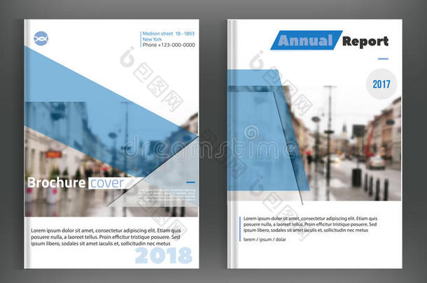 蓝色封面集商业小册子矢量设计。 传单广告背景与蓝色城市。 现代杂志版面