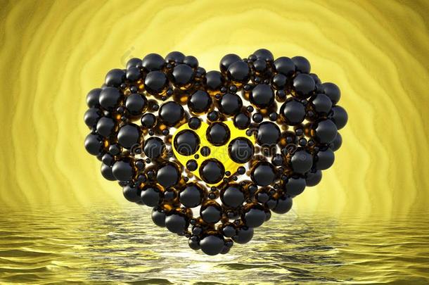 黑色的心由球体制成，在渐开线明亮的背景和<strong>水景</strong>湖上反射。 快乐情人节3DI