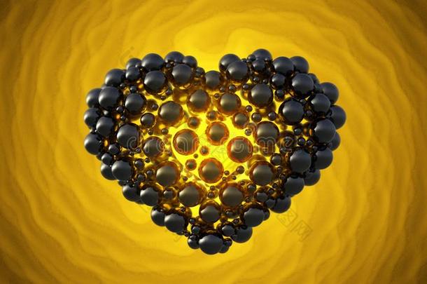 黑色的心由球组成，在渐开线明亮的背景上反射。 快乐情人节3D插图