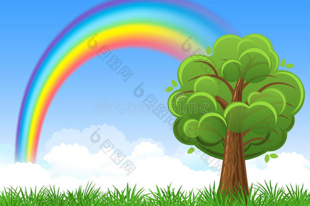 明亮的彩虹有<strong>蓝天</strong>，树和<strong>绿草</strong>。 矢量