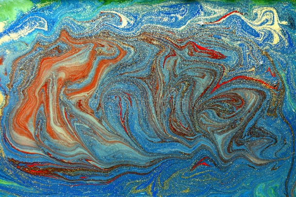 五颜六色的液体质地。 手绘大理石花纹背景。 墨水大理石抽象图案