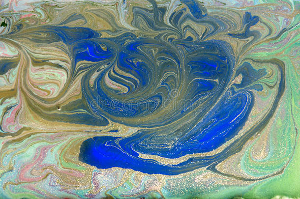 绿色和蓝色液体质地。 手绘大理石<strong>花纹背景</strong>。 墨水大理石抽象图案