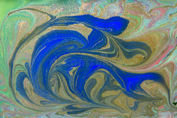 绿色和蓝色液体质地。 手绘大理石花纹背景。 墨水大理石抽象图案