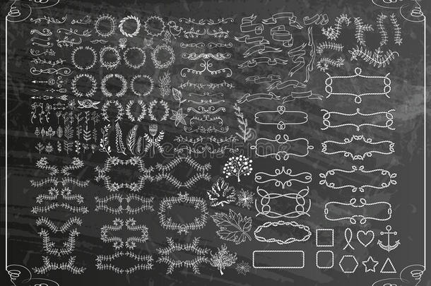 一套很大的<strong>复古</strong>元素。 矢量装饰收藏。 <strong>手绘花</strong>叶，丝带和页面装饰。