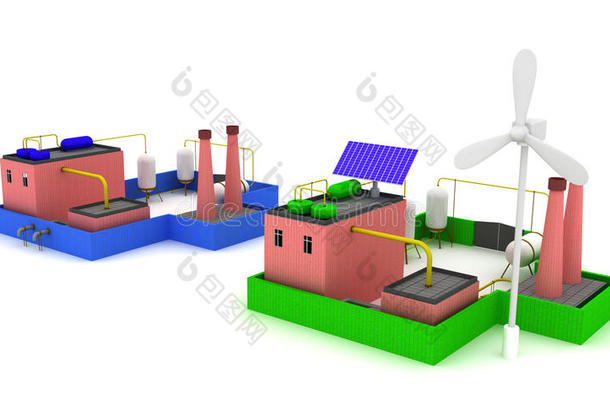 带有蓝色栅栏的3D化工厂和带有风车的工厂能效。