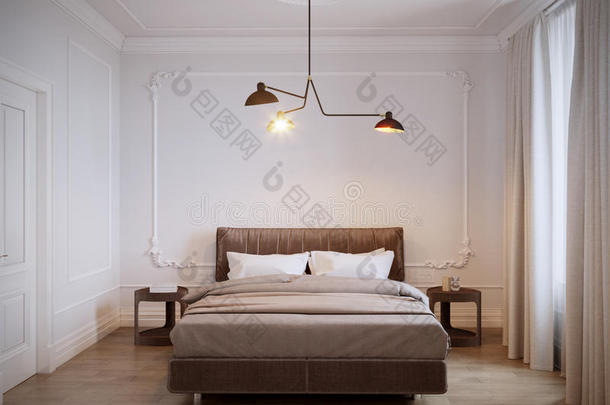 明亮舒适的现代卧室室内设计，白色墙壁，墙壁上的石膏模，和大窗户