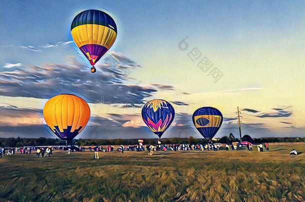 气球在蓝天数字插图中飞行。 五颜六色的气球漂浮在夏季节目中