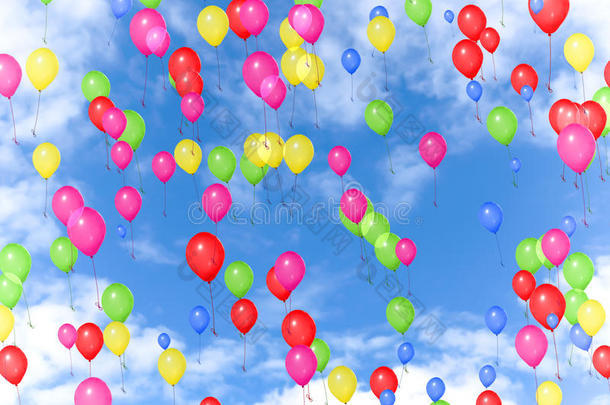 五颜六色的气球在<strong>蓝天</strong>上飞着白云，颜色有<strong>红色</strong>、黄色、绿色、粉<strong>红色</strong>、蓝色、派对节日活动、生日