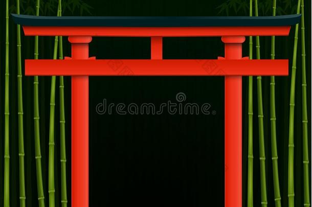 黑色竹林背景，红色日本大门