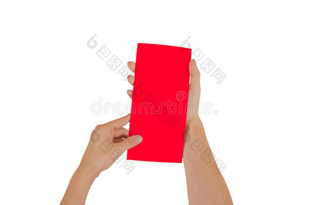 手里拿着空白的红色小册子。 小册子公关