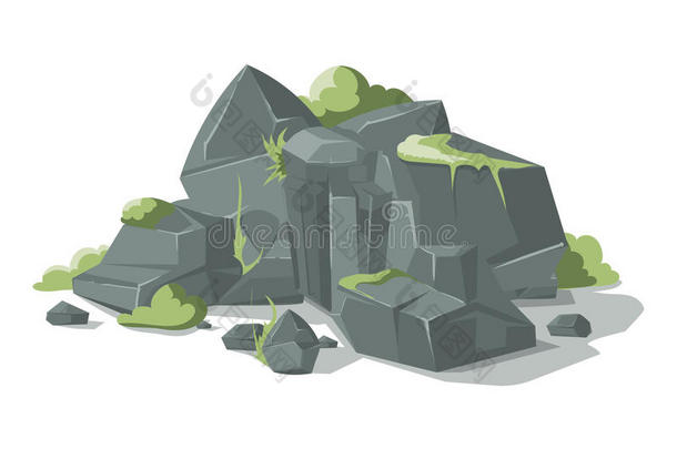 灰色石头和岩石卡通矢量自然巨石与草