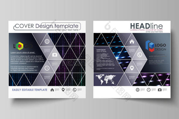 广场小册子，杂志，传单的商业模板。传单封面，平面布局。抽象彩色霓虹点，点