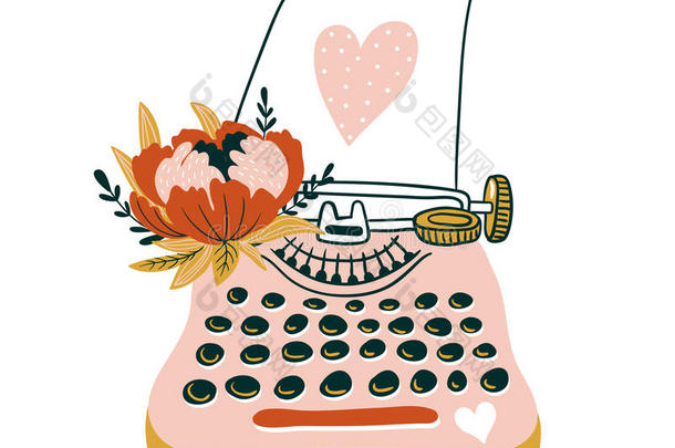用打字机和心脏<strong>手绘</strong>矢量卡。 斯堪的纳维亚风格插图，<strong>情人节</strong>`爱设计。