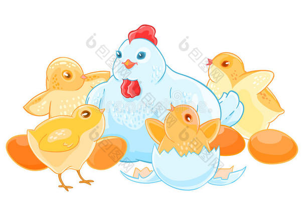 <strong>卡通母鸡</strong>妈妈坐在鸡蛋上。 一群可爱的小小鸡。