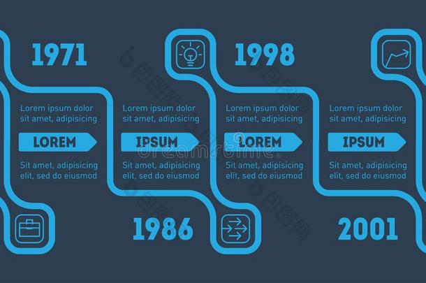 具有选项、部件、步骤或技术流程的业务概念。 水平信息时间线。 矢量Web模板