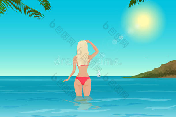 美丽<strong>纤细</strong>的金发女郎在海上。 穿着比基尼的年轻<strong>女孩</strong>回头看着海洋地平线。 矢量插图。