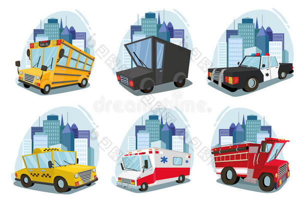 一套机器。 救护车，消防车，卡车，出租车，<strong>校车</strong>，警车。 城市景观。 在城市的背景下
