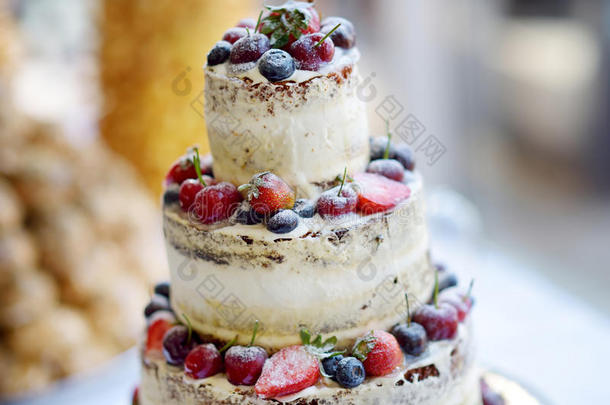 美味的巧克力婚礼<strong>蛋糕装饰水果</strong>和浆果