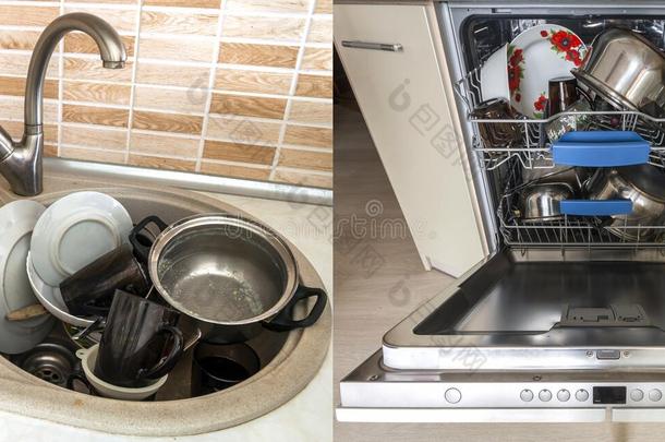 脏水槽，厨房用具，餐具。 打开洗碗机