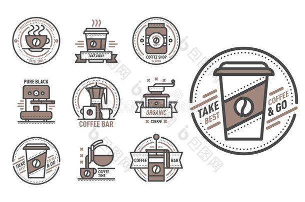咖啡徽章标志食品设计细线刻字餐厅，咖啡厅菜单咖啡厅和商店元素饮料标签