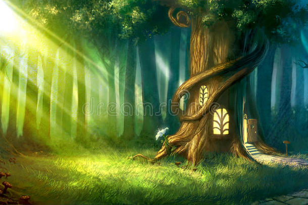 数字绘制的魔法森林与可爱的童话树屋