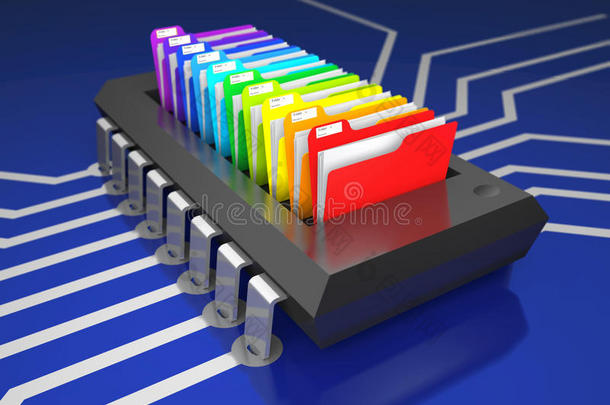 印刷电路板3D插图上的芯片和办公文件夹