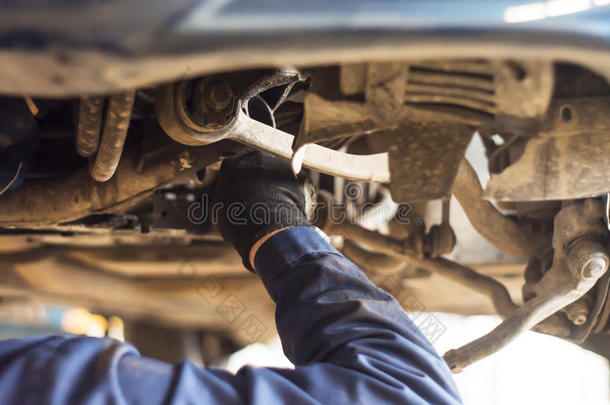 汽车维修服务中汽车机械师的手。