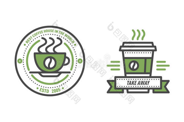 咖啡徽章标志食品设计细线刻字餐厅，<strong>咖啡厅</strong>菜单<strong>咖啡厅</strong>和商店元素饮料标签