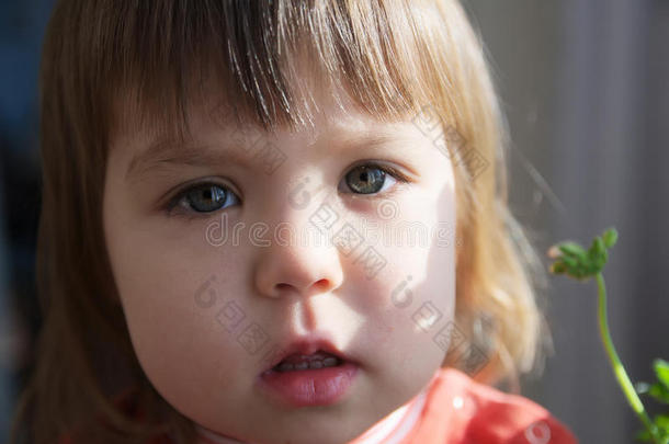 儿童肖像特写，<strong>张嘴</strong>说话，小女孩灰色的眼睛