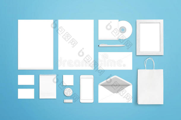 品牌企业身份模板。 白色空白文具和办公用品