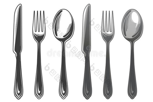 餐具有勺子、叉子和刀。 餐具，顶部视图。 矢量插图