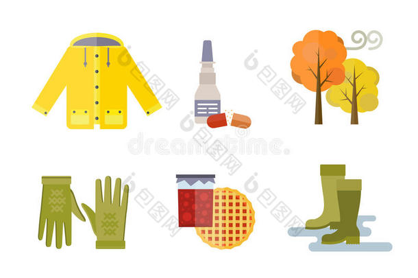 收集秋天的衣服，设<strong>置物</strong>品，秋天橡子，树叶，树帽，围巾，手套，外套，雨衣，帕克，袜子，靴子