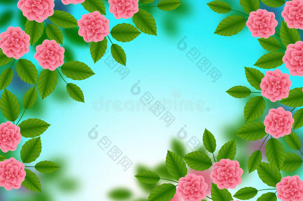 花图案与盛开的粉红色玫瑰在蓝色模糊的博克背景。 野花和<strong>牡丹花</strong>束。 <strong>矢量</strong>插图